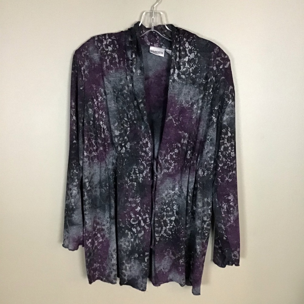 Chico’s, Sz 2, Grey, Purple & Silver, tie cardigan